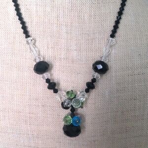 New Crystal Beaded Necklace, Black & Multi Color, 17" Chocker+ 1" Focal Beads